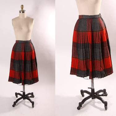 1950s Red and Gray Plaid Pleated Winter Skirt -XS 