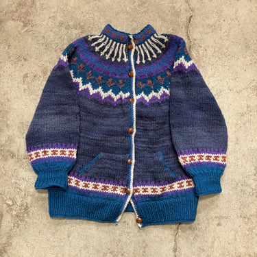 Vintage Blue Purple Cowichan Thick Wool Fair Isle Cardigan Sweater Women’s Large Made in Ecuador 