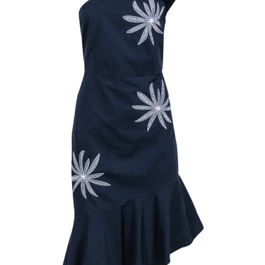 Milly - Navy Poplin One Shoulder Dress w/ White Embroidery Sz 12