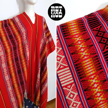 Boho Vintage 70s Colorful Red Stripe Woven Large Poncho 