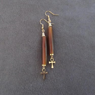 Orange bone and brass ankh earrings 