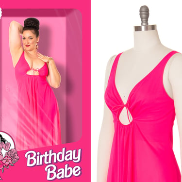 Vintage 1970s Nightgown | 70s Hot Neon Pink Nylon Keyhole Full Length Slip Dress Sexy Barbiecore Nightie (small/medium/large) 