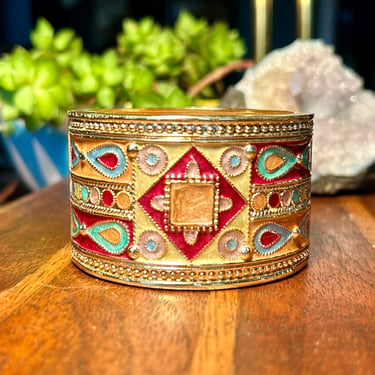 Vintage Enamel Cloisonne Hinged Cuff Bracelet Colorful Egyptian Revival Retro Art Deco Gift 