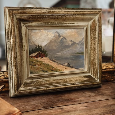 Vintage Oil Painting, Lakeside Mountain Landscape 