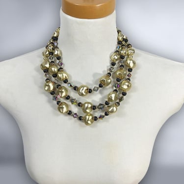 VINTAGE 50s Big Chunky Gold Black Aurora Borealis Multi 3 Strand Beaded Necklace Choker | 1950s Mid Century Jewelry Statement Necklace | VFG 