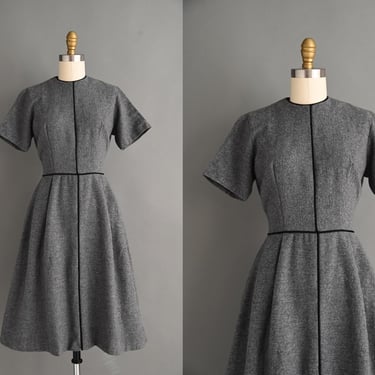 vintage 1950s Dress | Classic Grey Wool Full Skirt Shirtwaist Winter Dress | Small 