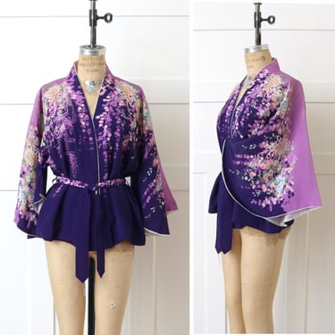 vintage Watumull's Honolulu kimono jacket • purple Japanese floral silk batwing robe bedroom lounge jacket 