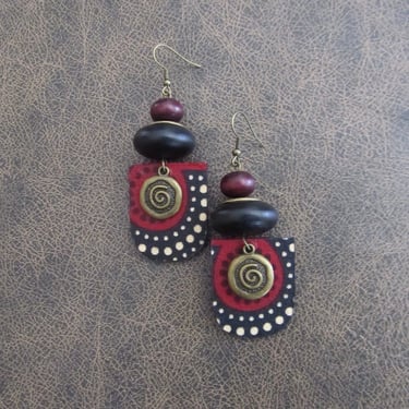 African print earrings, Ankara earrings, wood earrings, bold statement earrings, Afrocentric earrings, orange purple earring, batik earrings 