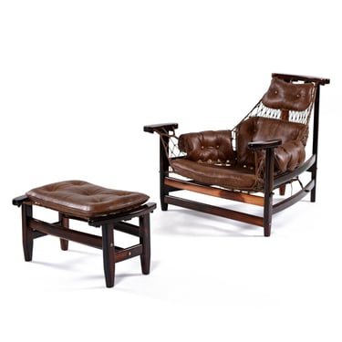 Restored Brazilian Jangada Rosewood & Leather Sling Chair with Ottoman by Jean Gillon 