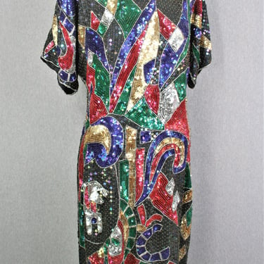 Beaded Cocktail Dress - Circa 1990s - Mardi Gras - by Joseph Le Bon - Estimated size XL to XXL 