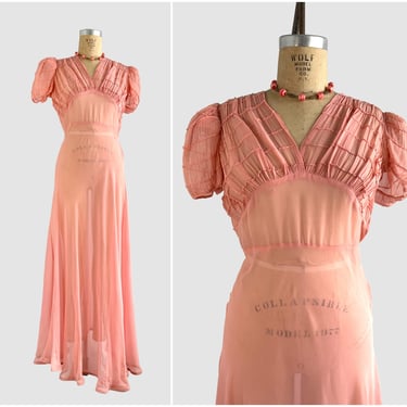 SHEER SPLENDOR Vintage 30s Dress | 1930s Peach Chiffon Bias Cut Gown with Puffy Sleeves | Art Deco, Gatsby Picnic, Hollywood Glam  | Medium 