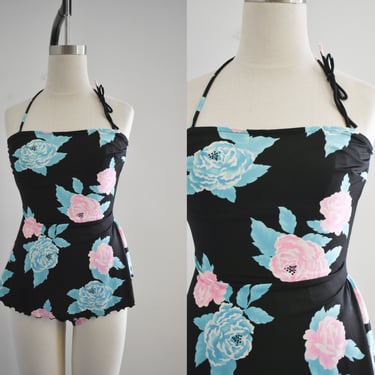 1980s Floral Skirted Swimsuit 