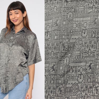 Metallic Silver Top 90s Button up Shirt Tapestry Print Blouse Short Sleeve Shiny Woven Design Retro Crest Statement Vintage 1990s Medium M 