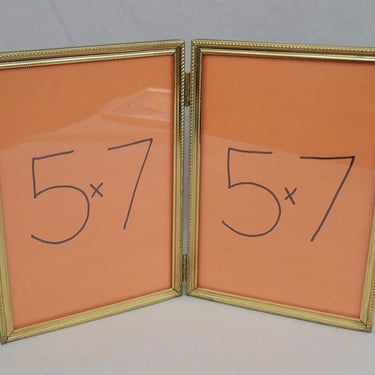 Vintage Hinged Double Picture Frame - Gold Tone Metal w/ Glass - Holds Two 5" x 7" Photos - 5x7 frame 