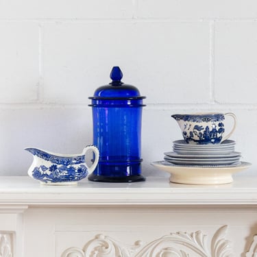 Bocal Ancien En Verre Bleu Cobalt Avec Couvercle – Fabrication Française (Années 70)