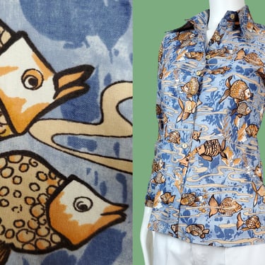 Unique vintage fish blouse. 1970s oceanic surf mod vibes. Groovy print blue orange. Dagger collar long sleeve light weight. (S/XS) 