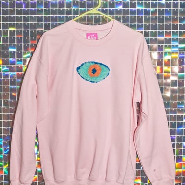 Tufted Pink Crewneck Sweatshirt Evil Eye, handmade gift, witchy, spooky 