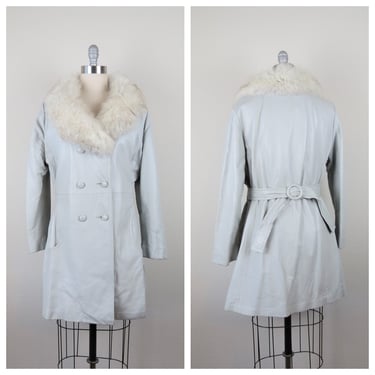 Vintage 1970s dove gray leather trench coat, fox fur collar, size large 