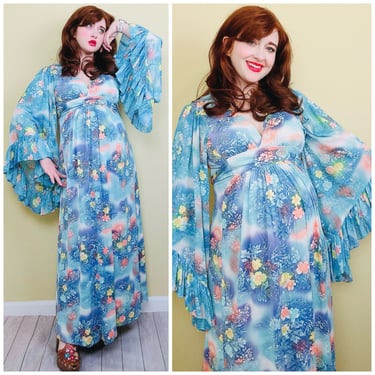 1970s Vintage Blue Floral Nylon Angel Sleeve Dress / 70s Magical Floral Bell Sleeve Ruffled Maxi Gown / Medium 