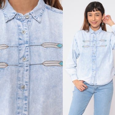 Southwest Denim Shirt 80s 90s Jordache Button Up Jean Shirt Embroidered Feather Southwestern Blouse Light Blue Vintage Long Sleeve Medium 