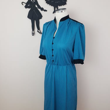 Vintage 1970's Striped Dress / 80s Poly Day Dress M 