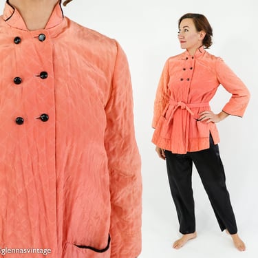 1940s Coral Quilted Pajamas Set | 40s Peach Quilted Robe & Slacks | Old Hollywood | Medium 