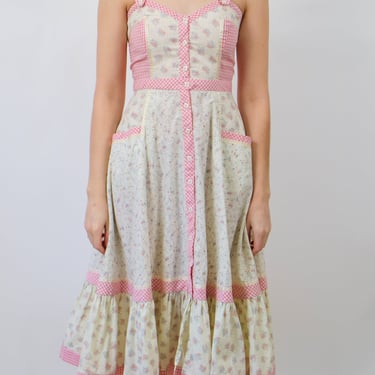 1970s Gunne Sax Style Pink Floral Gingham Sundress