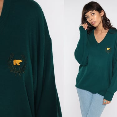 Bear Crest Sweater 80s Golf Sweater Slouchy V Neck Green Sweater Embroidered Pullover Jumper Knit Vintage 1980s Preppy Nerd Large xl 