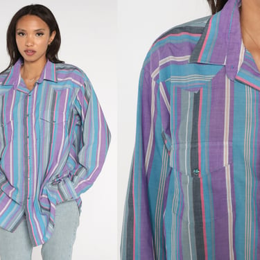Striped Western Shirt 90s Pearl Snap Shirt Button Up Cowboy Rodeo Retro Long Sleeve Blue Purple Vintage 1990s Karman Mens Extra Large xl 