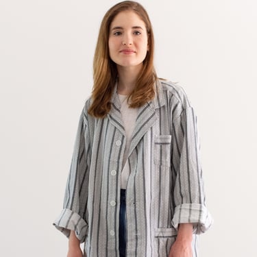 Vintage Grey White Striped Shirt Jacket | Unisex Stripe Cotton Pajama Chore shirt | M | SJ001 