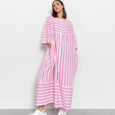 POCKETS Pink Stripe COTTON PYJAMAS Maxi Dress Pjs Vintage Cotton Summer Sun Muumuu / Free Size 