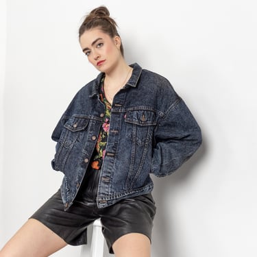 LEVI'S DENIM JACKET Vintage Faded Dark Wash Blue Jean Cotton Trucker Boxy Oversize 90's / Large Extra Large 