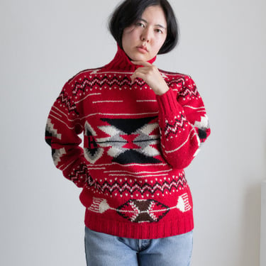 Vintage Ralph Lauren red wool printed turtleneck sweater // S-M (2409) 