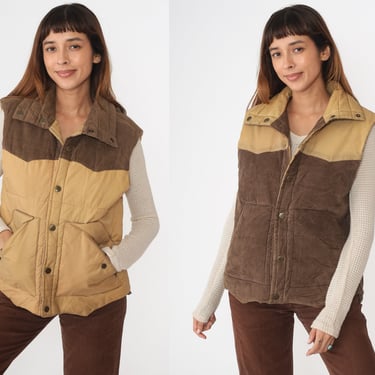 Reversible Ski Vest 70s Corduroy Vest Puffer Western Brown Tan Retro 1970s Striped Puffy Sleeveless Jacket Winter Vest Vintage Medium 