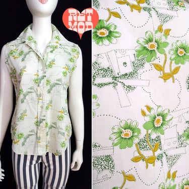 Cute Vintage 60s 70s Green White Floral Windmills Sleeveless Collared Cotton Shirt 