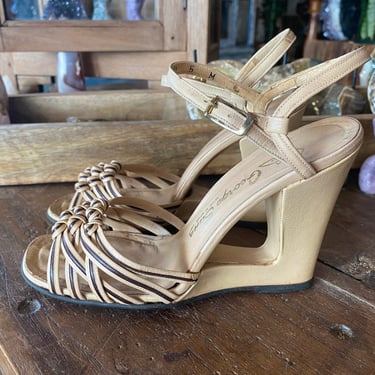 1970s wedges, vintage sandals, size 5, georgio sanz, beige and brown, made in spain, cantilever, disco style, cut out heels 