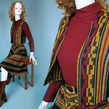 1970s 2-piece dress set. Colorful woven serape dress & vest with mod belt. Hippie, boho, mod. Vicky Vaughn Junior. Size XS/S 