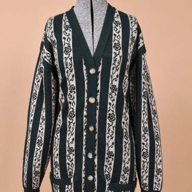 Green and White Striped Floral Lambswool Cardigan by Jaeger, L