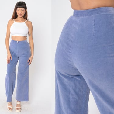 70s Bell Bottom Trousers Periwinkle Blue Velour Wide Leg Pants High Waisted Rise Boho Hippie Slacks Retro Seventies Vintage 1970s Small S 26 