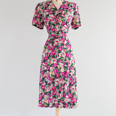 Pristine 1940's Rayon Jersey Spring Floral Print Day Dress / ML