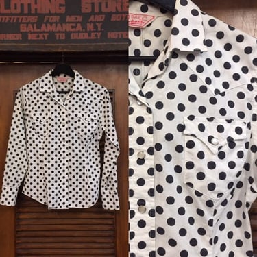Vintage 1950’s “H Bar C” Label Polka Dot Western Shirt, California Ranch Wear, Western Wear, Fitted Shirt, Vintage Clothing 