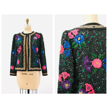 80s 90s GLAM Vintage Black Sequin Jacket Embroidered Floral Flowers Design Size Medium // Vintage Sequin Jacket with Flowers Gold embroidery 
