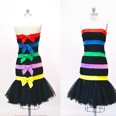 Vintage 80s 90s Black Rainbow BOw Party Dress Strapless Black Tulle ruffle Dress Body Con XS Small Victor costa 90s Cocktail Barbie dress 
