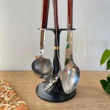 Vintage Kitchen Utensils Set With Black Stand - Wood and Stainless Utensils and Holder - Japan 