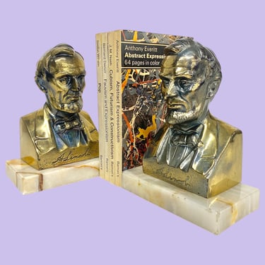 Vintage Abraham Lincoln Bookends Retro 1960s Mid Century Modern + Brass Metal + Onyx Base + Set of 2 + President of the USA + Book Display 