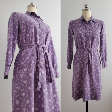 70s Does 30s Frock Dress with Floral Print and Belt - 70's Dresses - 70s Women's Vintage Size Medium 