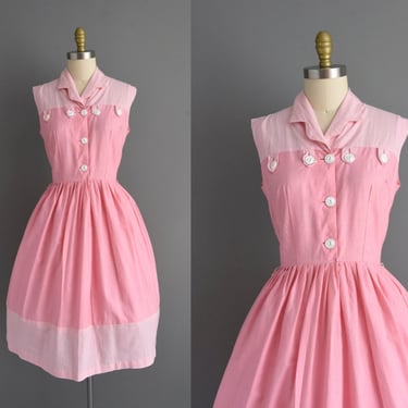 1950s vintage dress | Adorable Pink Cotton Shirtwaist Spring Summer Dress | Medium | 50s dress 