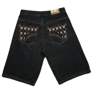 Vintage Y2K DMax Embroidered Design Baggy Wide Leg Black Denim Jort/Shorts Size W34 