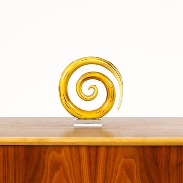 Vintage 70’s Murano Italian Art Glass Organic Spiral Sculpture — Yellow Striped Glass 