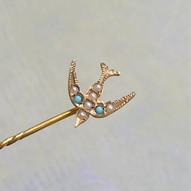 Antique 9CT Gold Stick Pin With Bird, Seed Pearls and Turquoise, Gold Stick Pin With Bird, Antique 9CT Gold Stickpin (#4129) 